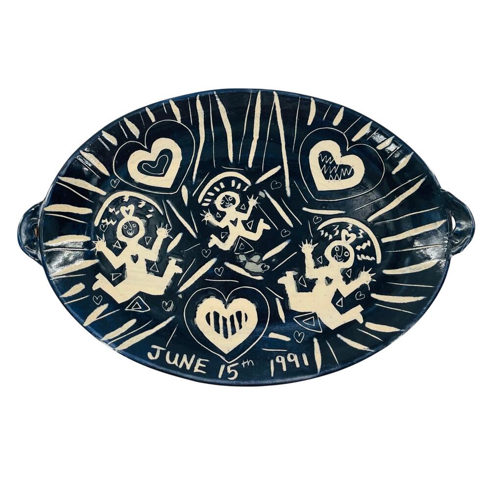 1991 Blue and White Pottery Platter Tray by Pamela Black, Vintage, Hearts